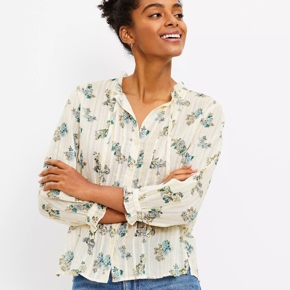 Bouquet Pintucked Tie Neck Blouse